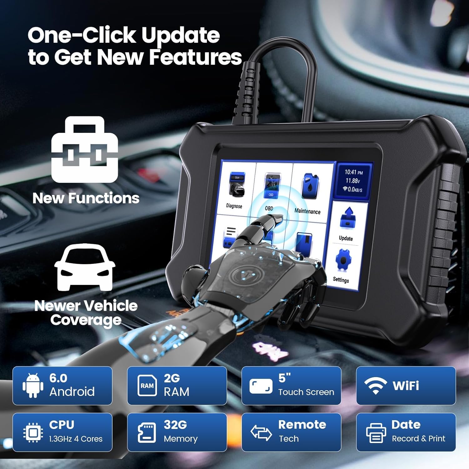 Tester diagnoza auto OBD2 cu 4 diagnostice de sistem ABS/SRS/ECM/TCM si 5 functii service ulei, EPB, SAS, TPMS, ETS, Android 7.0, live data, test senzor O2, test EVAP, multimarca