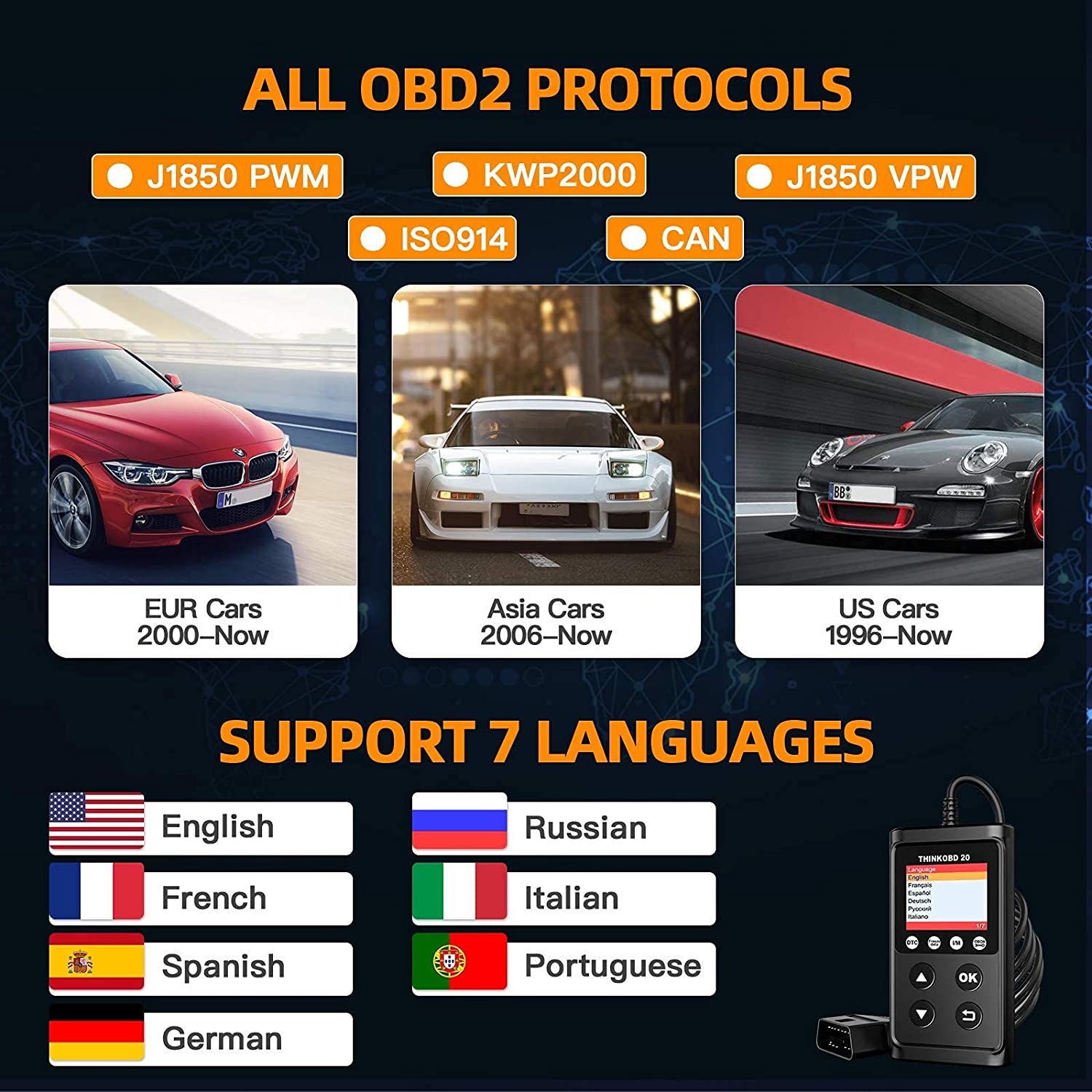 Tester auto universal, diagnoza OBD2 (CAN, ISO9141, KWP2000, J1850 PWM, J1850 VPW) multimarca, functie cititor si stergere coduri de eroare