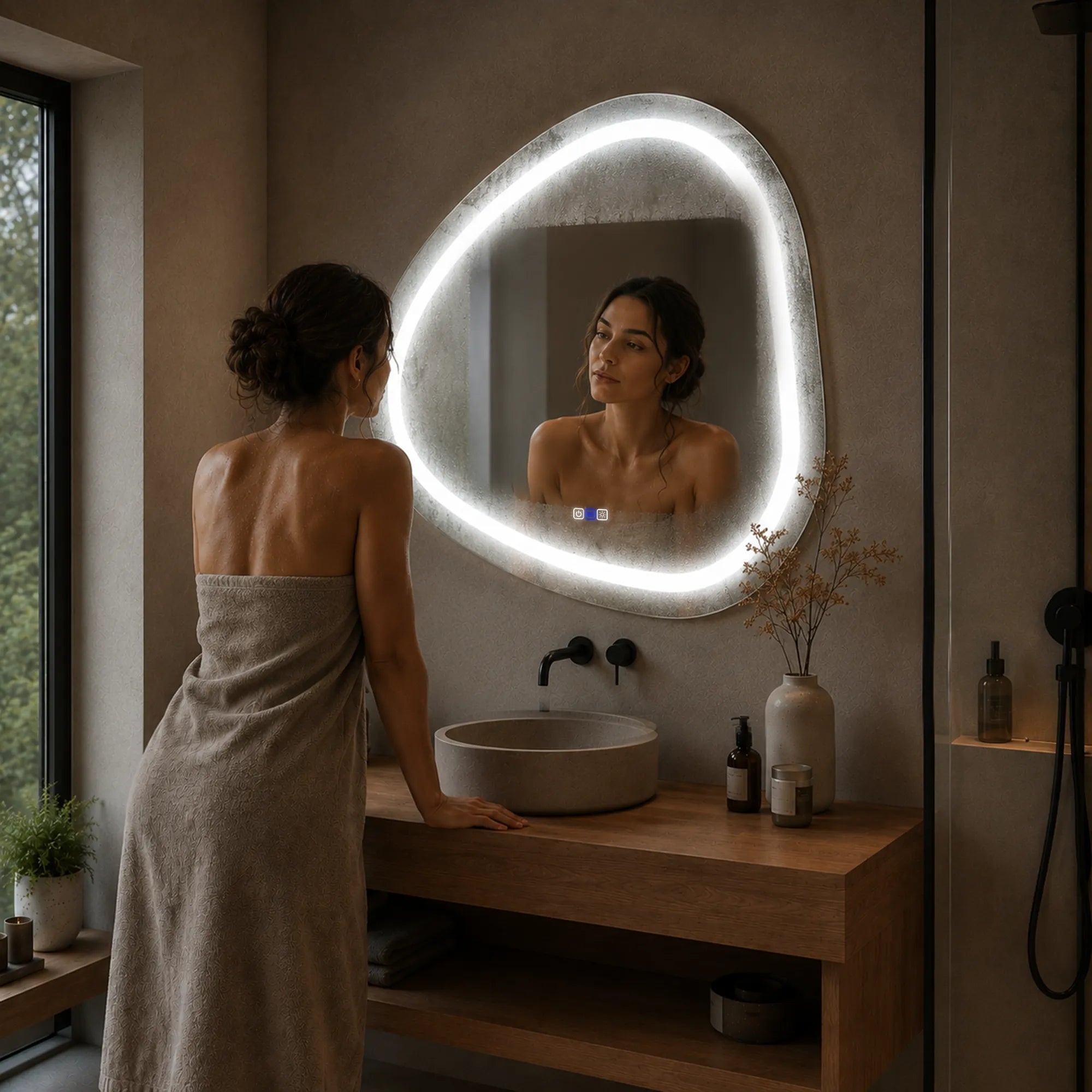 Oglinda LED Reyze Gama Salono Model LED 1, 70x70 cm Asimetrica 1, LED 4000K Neutru, 2 Butoane Touch, Functie dezaburire 30-40