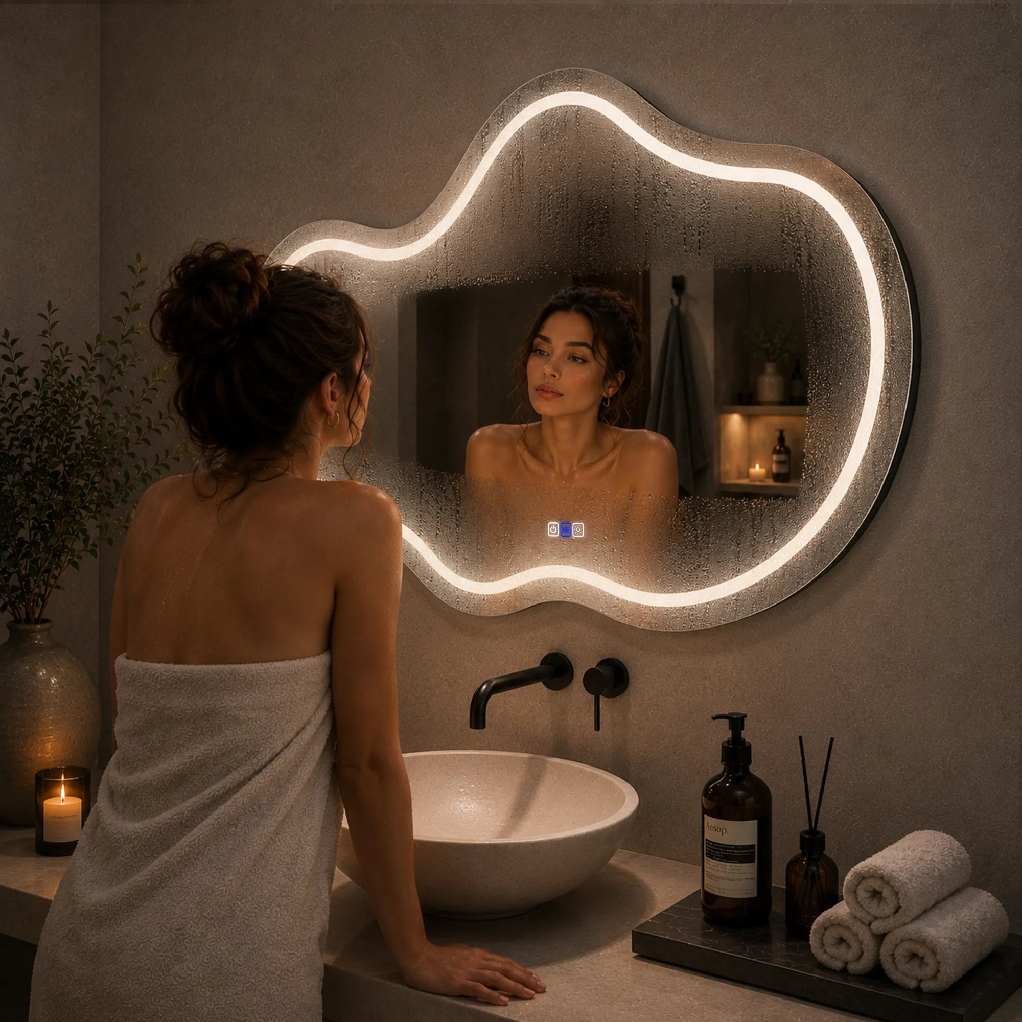 Oglinda LED Reyze Gama Salono Model LED 1, 180x100 cm Asimetrica 3, LED 3000K Cald, Control intrerupator perete