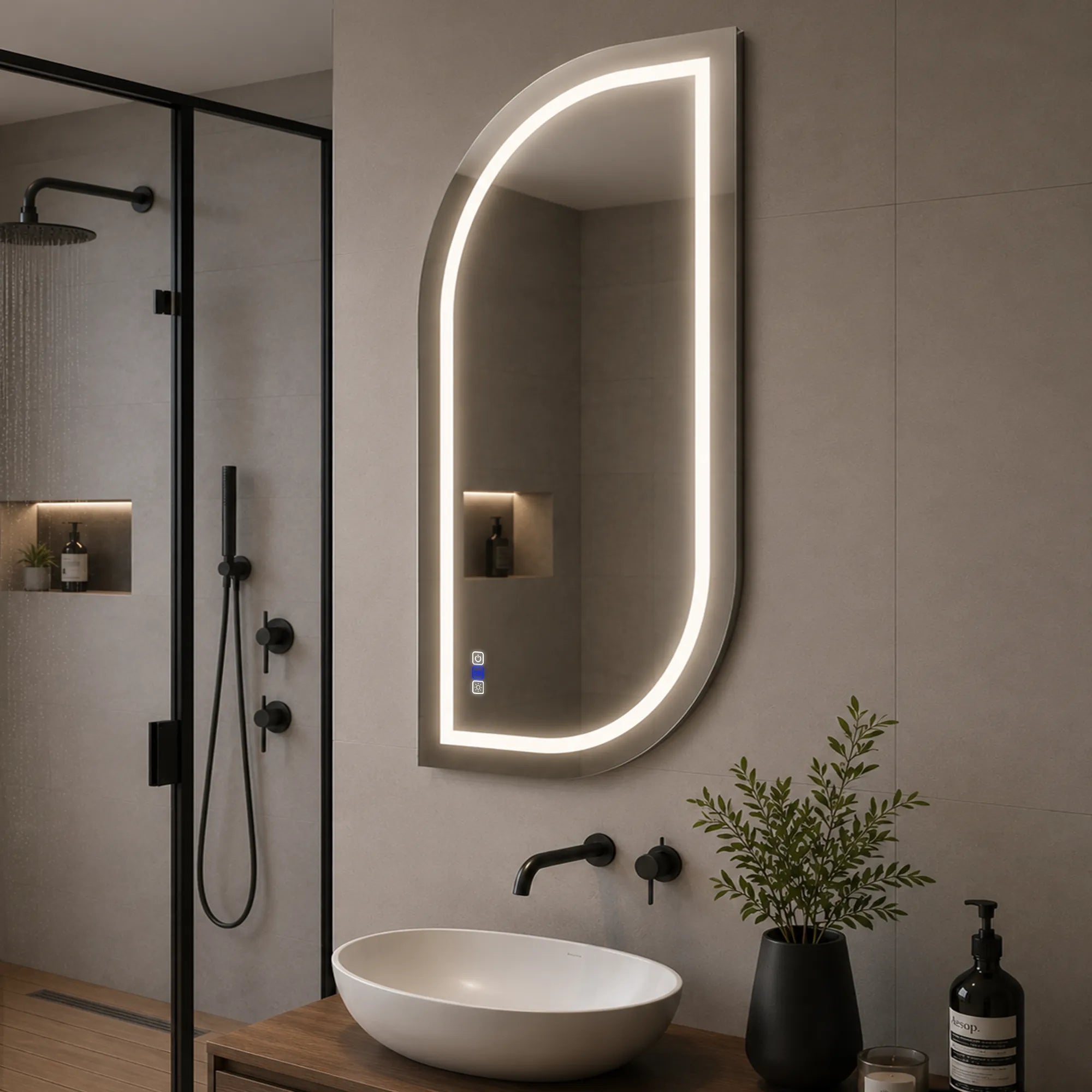 Oglinda LED Reyze Gama Salono Model LED 1, 80x150 cm Semiovala 1, LED 6000K Rece, 2 Butoane Touch, Functie dezaburire 30-40