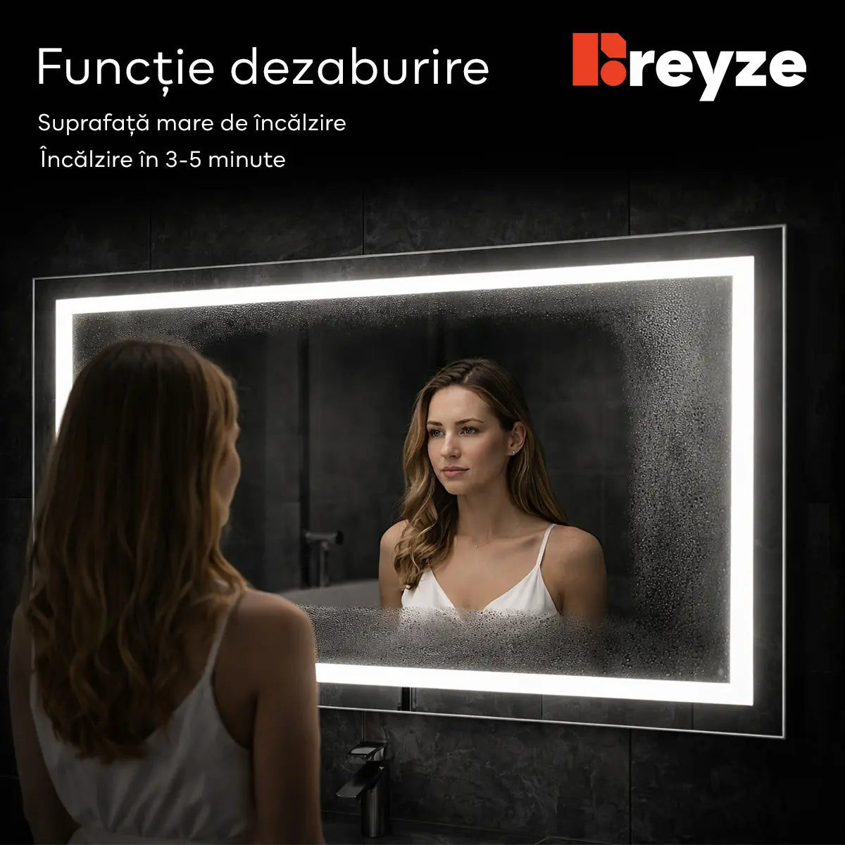 Oglinda LED Reyze Gama Salono Model LED 1, 50x150 cm Semiovala 1, LED 4000K Neutru, 2 Butoane Touch, Functie dezaburire 30-40