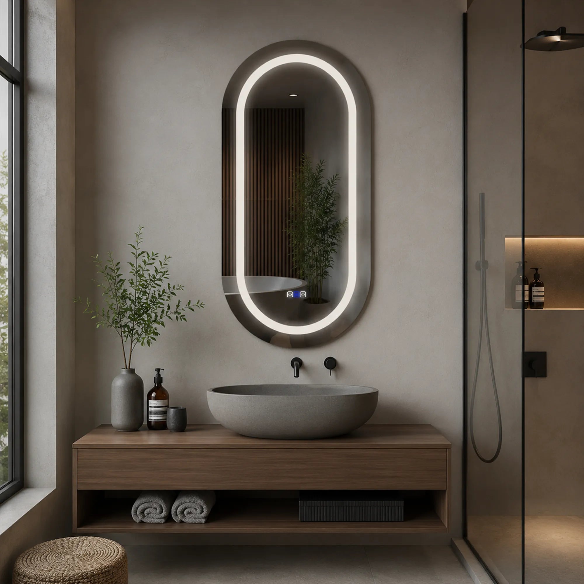 Oglinda LED Reyze Gama Salono Model LED 1, 50x150 cm Ovala, LED 3000K Cald, 2 Butoane Touch, Functie dezaburire 30-40