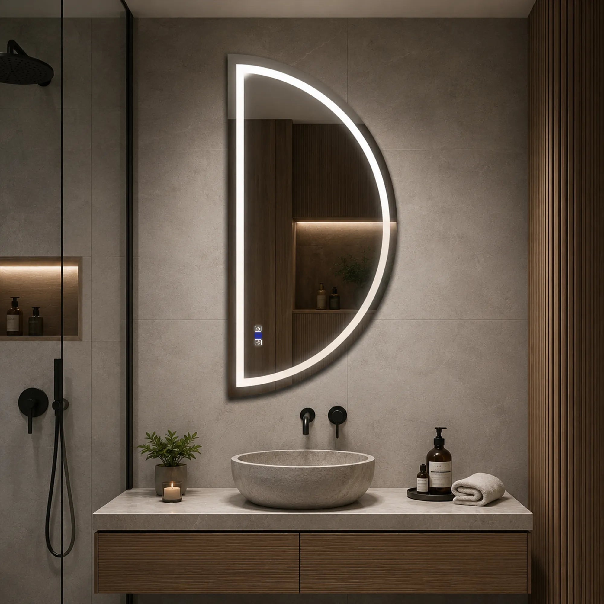 Oglinda LED Reyze Gama Salono Model LED 1, 75x150 cm Semiluna Stanga, LED 4000K Neutru, Control intrerupator perete