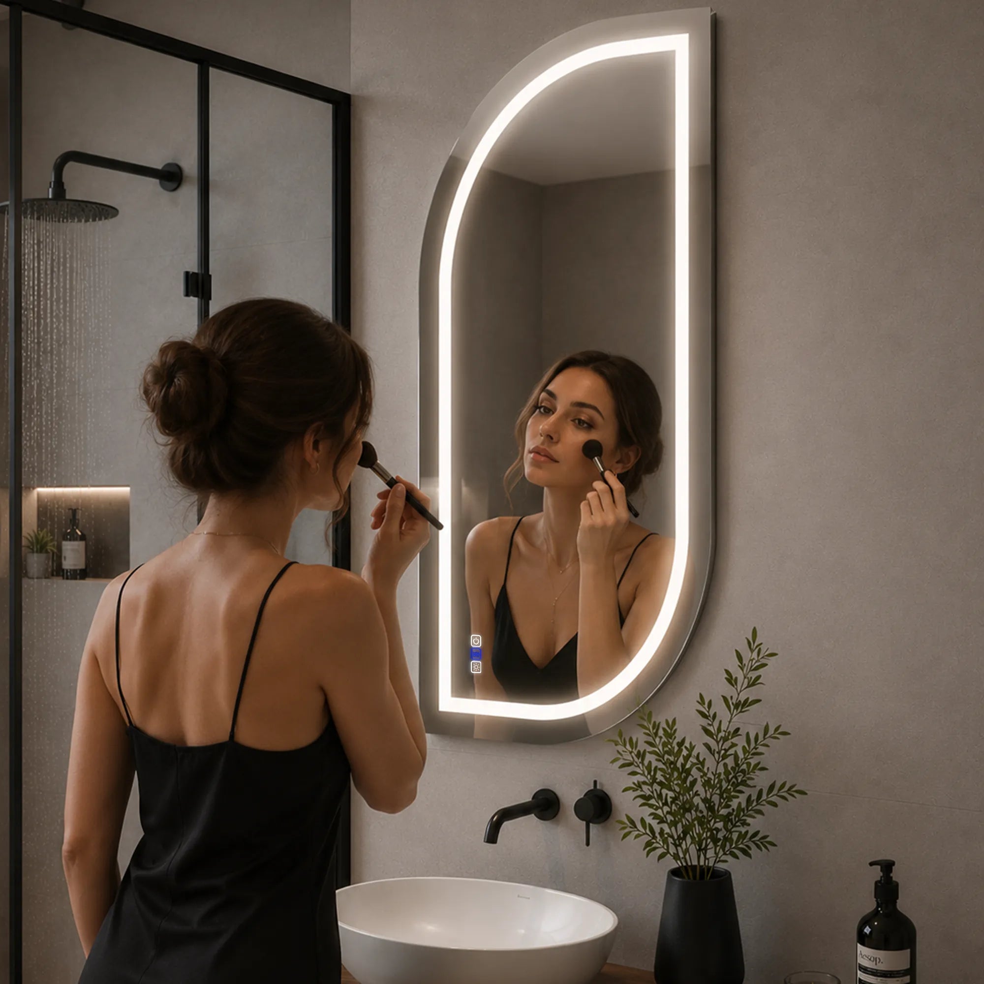 Oglinda LED Reyze Gama Salono Model LED 1, 80x110 cm Semiovala 1, LED 3000K-6000K Dual, 3 Butoane Touch, Functie dezaburire 30-40, Temperatura LED Ajustabila