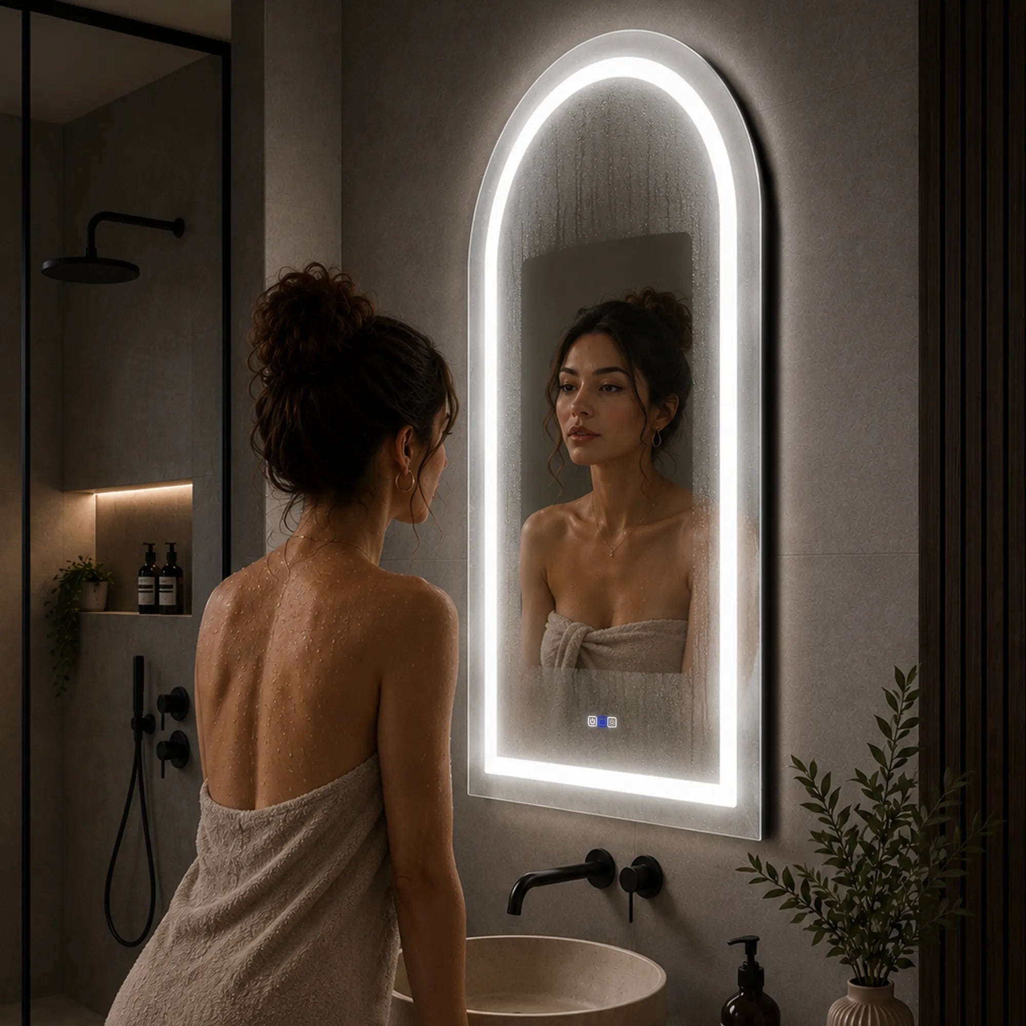 Oglinda LED Reyze Gama Salono Model LED 1, 70x90 cm Semiovala 2, LED 3000K-6000K Dual, 3 Butoane Touch, Functie dezaburire 30-40, Temperatura LED Ajustabila