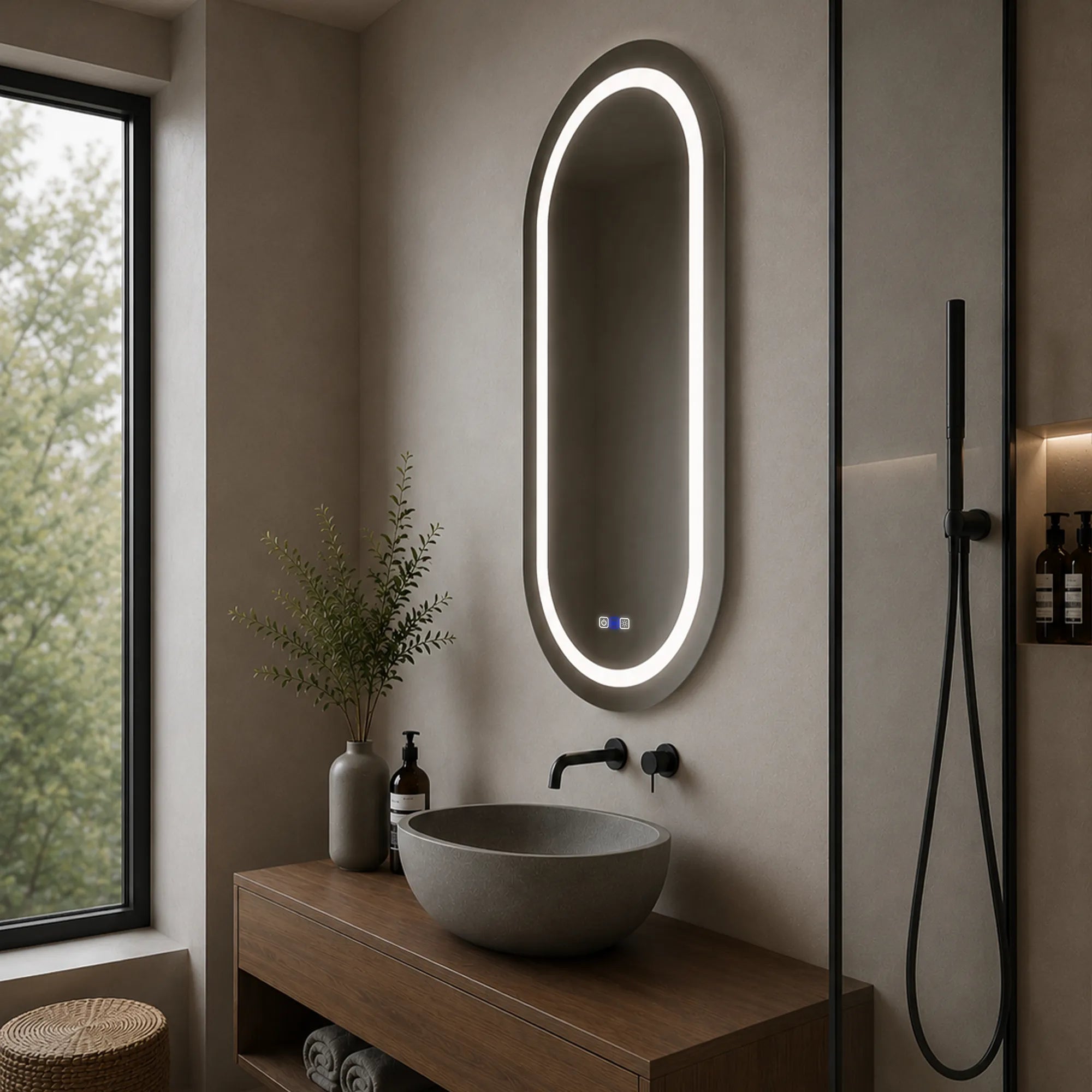 Oglinda LED Reyze Gama Salono Model LED 1, 80x200 cm Ovala, LED 3000K-6000K Dual, 3 Butoane Touch, Functie dezaburire 30-40, Temperatura LED Ajustabila