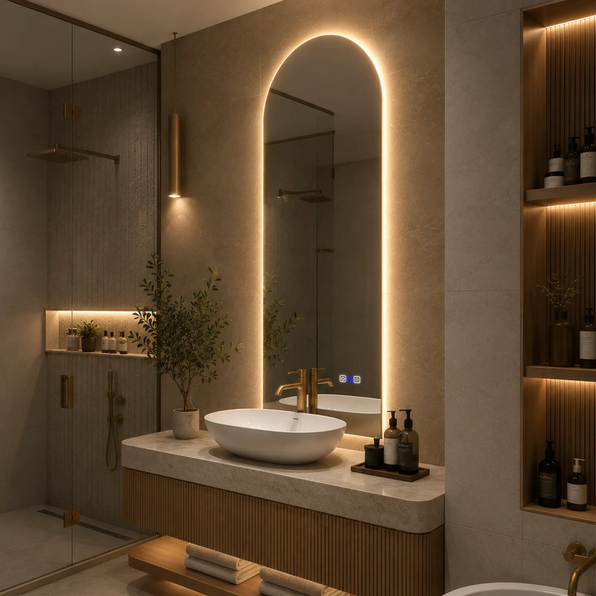Oglinda LED Reyze Gama Ambient Model LED 1, 70x190 cm, Semiovala 2, LED 3000K-6000K Dual, 3 Butoane Touch, Functie dezaburire 30-40, Temperatura LED Ajustabila