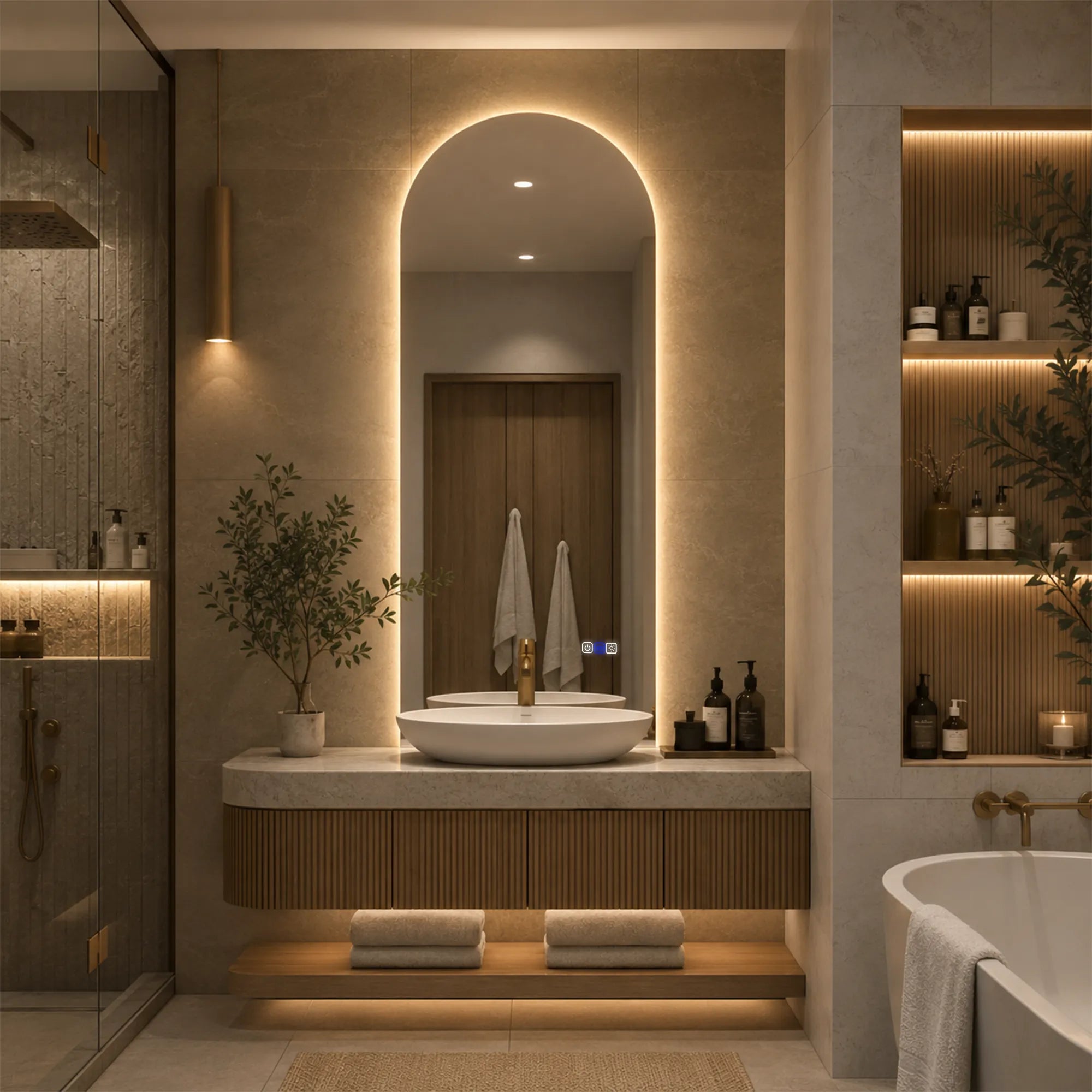 Oglinda LED Reyze Gama Ambient Model LED 1, 60x130 cm, Semiovala 2, LED 3000K-6000K Dual, 3 Butoane Touch, Functie dezaburire 30-40, Temperatura LED Ajustabila