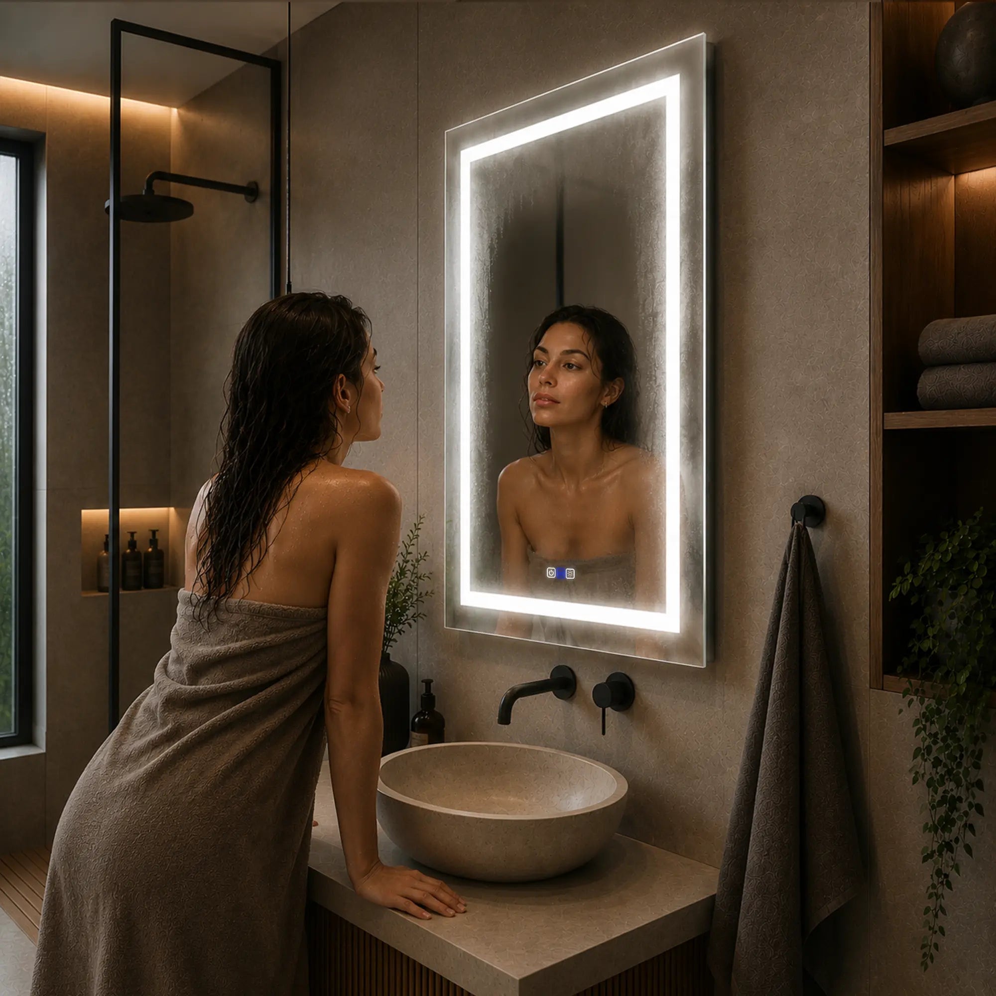 Oglinda LED Reyze Gama Salono Model LED 1, 100x50 cm, Verticala, LED 3000K Cald, Buton touch LED