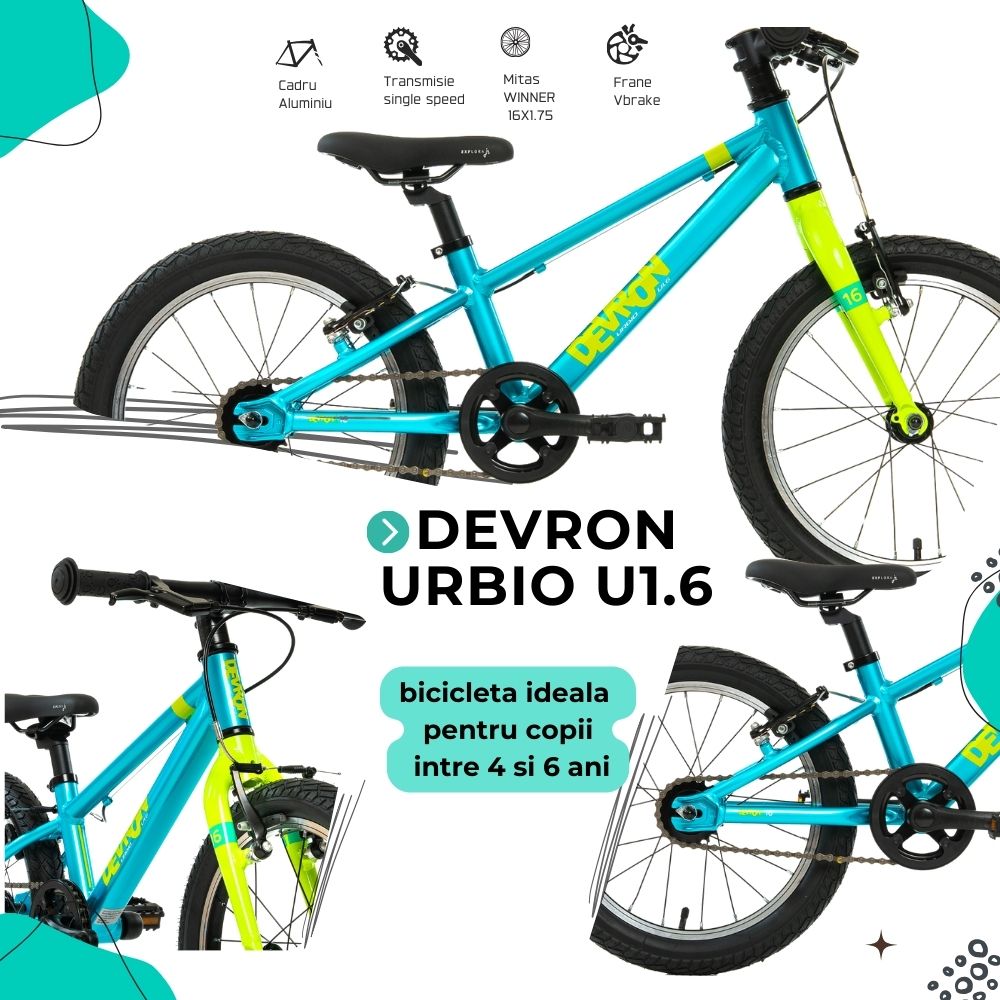 Bicicleta Copii Devron Urbio U1.6 Super Light, 16 Inch, Albastru-Verde