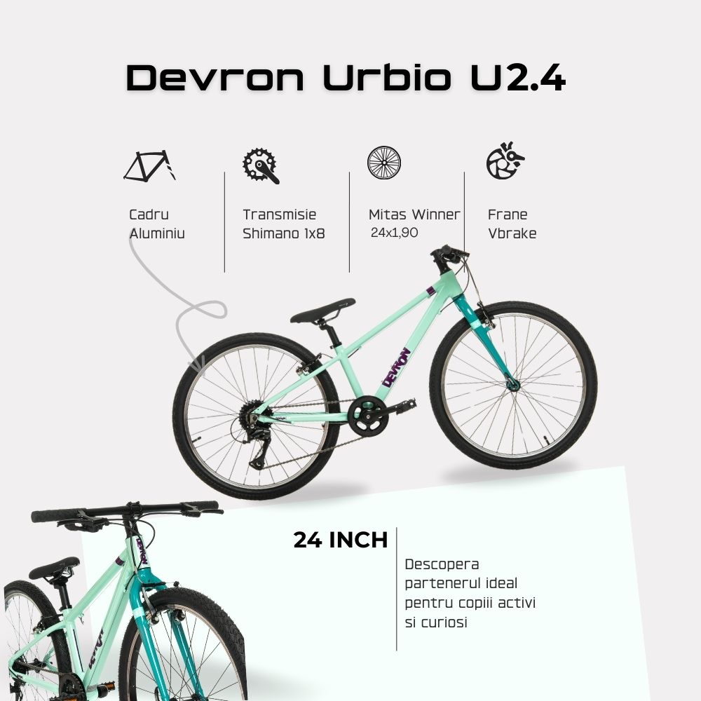 Bicicleta Copii Devron Urbio U2.4 Super Light, 24 Inch, Turcoaz-Verde