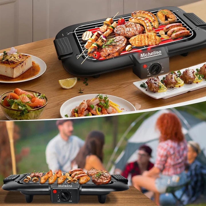 Gratar electric 2 in 1 MICHELINO 74372, 2200W, suprafata 38x22cm, termostat, temperatura reglabila, cromat