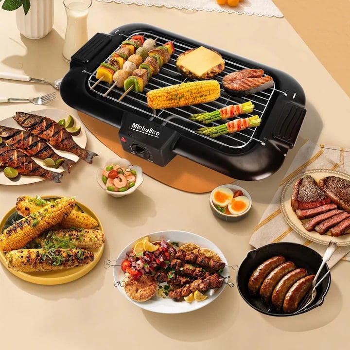 Gratar electric 2 in 1 MICHELINO 74372, 2200W, suprafata 38x22cm, termostat, temperatura reglabila, cromat