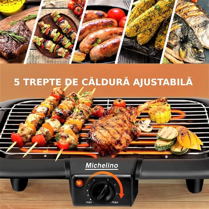 Gratar electric 2 in 1 MICHELINO 74372, 2200W, suprafata 38x22cm, termostat, temperatura reglabila, cromat