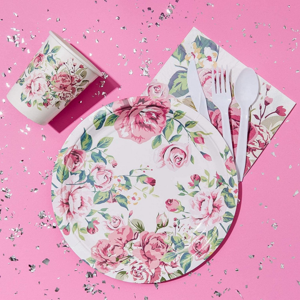Set de vesela pentru petrecere Blue Panda, hartie, model floral, multicolor, 72 piese