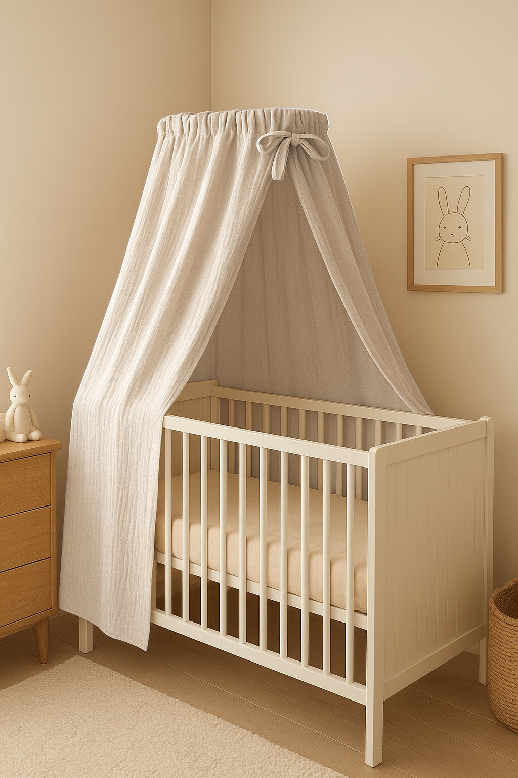 Baldachin cu suport metalic, Qmini, Pentru patut, leagan, Din muselina dubla 145x200 cm, Material certificat Oeko Tex Standard 100, Cream
