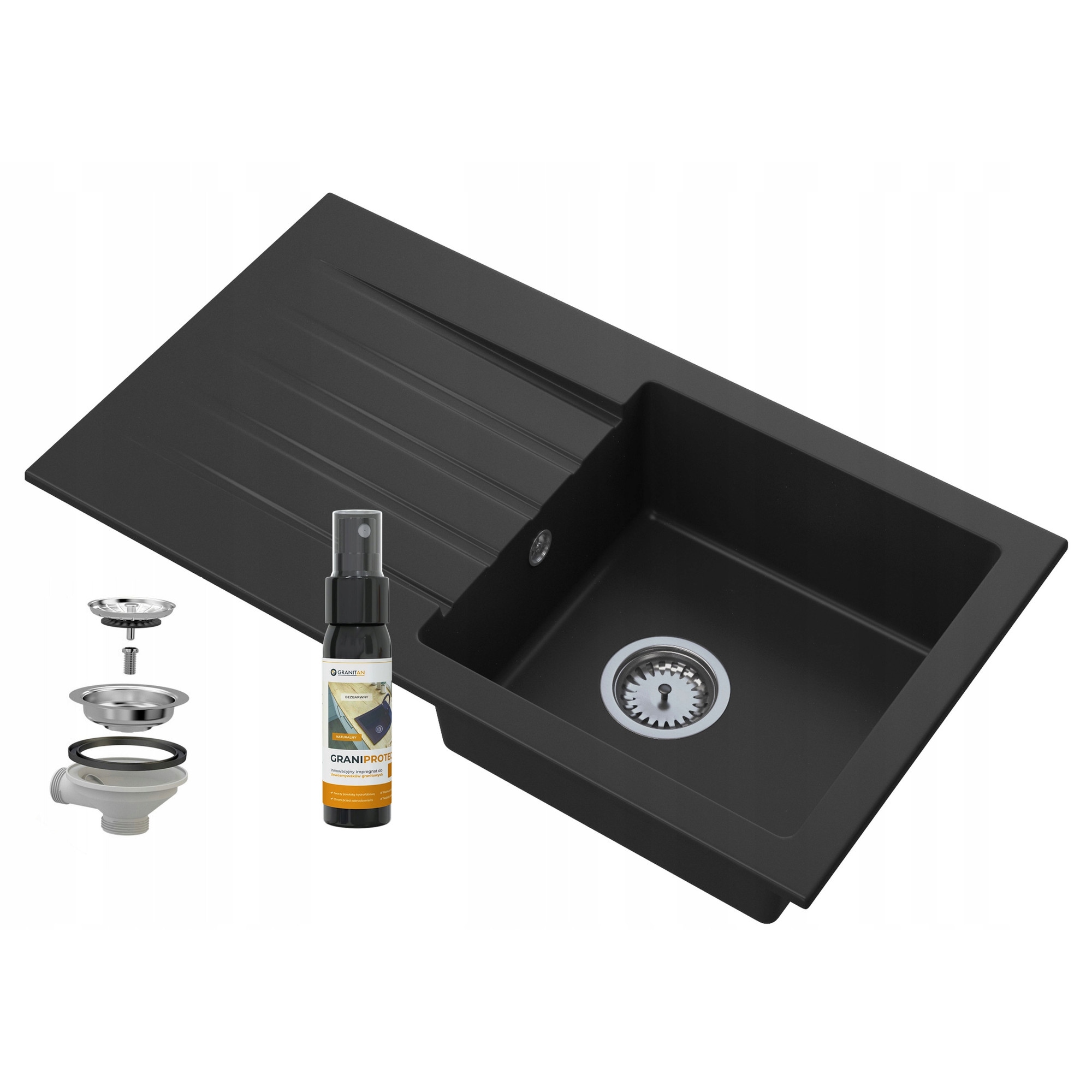 Set Chiuveta Bucatarie Granitan + Sifon, Granit, 770x430 mm, Negru
