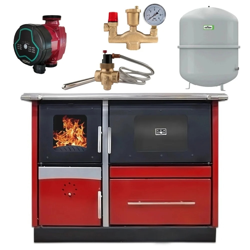 Set termosoba pe lemn Termax Maria 35 kW din otel, evacuare pe dreapta, cuptor, 230 mp, Bordo, Grup siguranta, Vas expansiune, Supapa termica si Pompa recirculare