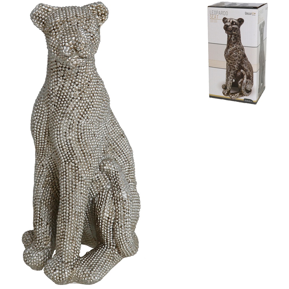 Statueta decorativa Leopard, rasina ABS, 8 x 10 x 19 cm, argintiu