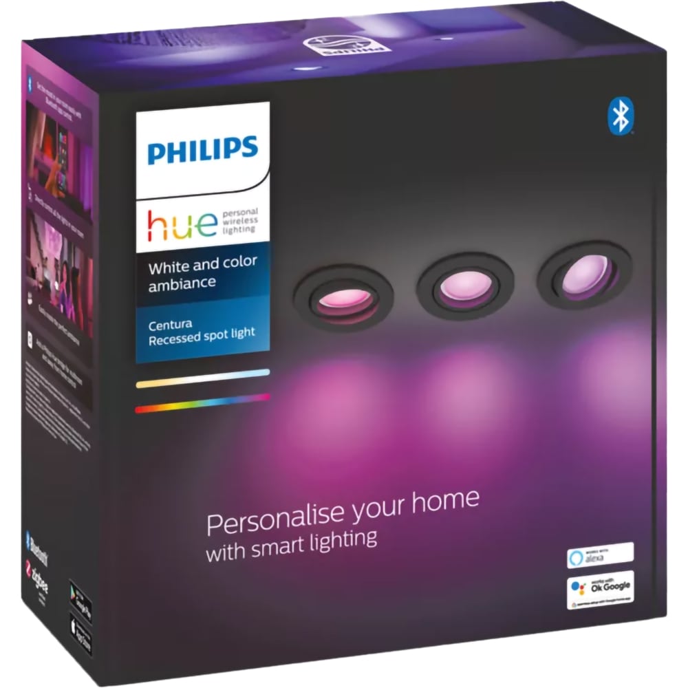 Set 3 spoturi LED smart PHILIPS HUE Centura, 3 x 5.7W, 350lm, IP20, negru
