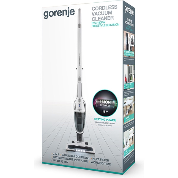 Aspirator vertical GORENJE Freestyle SVC180FW, 0.6l, 18V, autonomie max 45 min, iluminare LED, alb-gri inchis