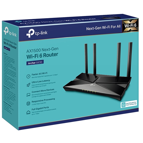 Router Wireless Gigabit TP-LINK Archer AX1500  AX10, Wi-Fi 6, Dual-band 300 + 1201 Mbps, negru