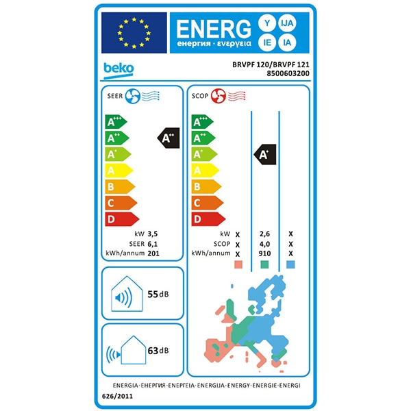 Aer conditionat BEKO BRVPF120, 12000 BTU, A++/A+, Functie Incalzire, Inverter, kit instalare inclus, alb