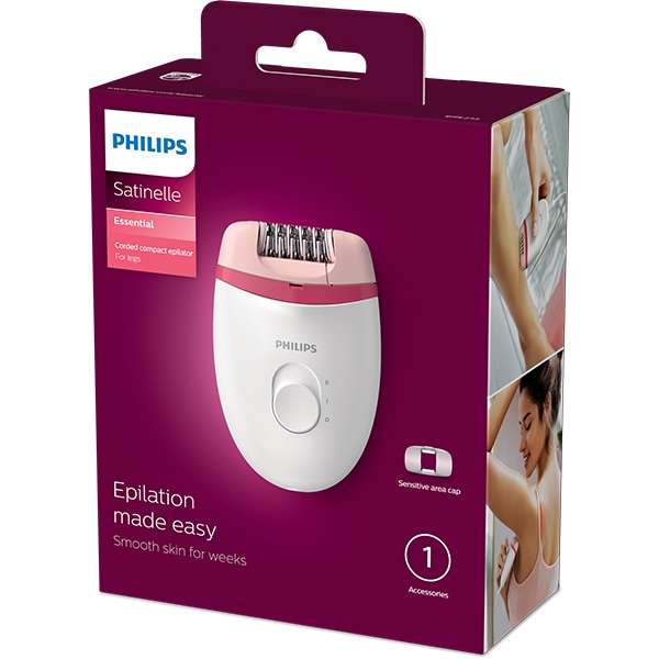 Epilator PHILIPS Satinelle Essential BRE235/00, 20 pensete, 2 viteze, 2 accesorii, retea, alb-roz