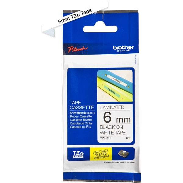Banda etichete BROTHER TZe-211, 6 mm, 8 m, Negru pe Alb