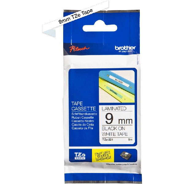 Banda etichete BROTHER TZe-221, 9 mm, 8 m, Negru pe Alb