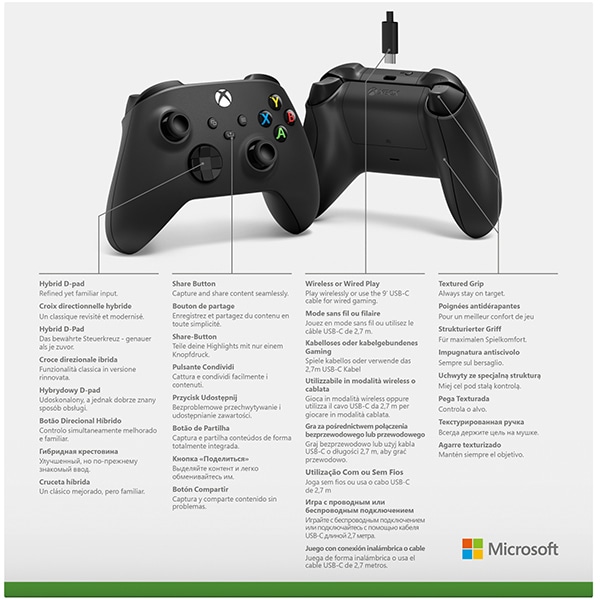 Controller Wireless MICROSOFT Xbox, PC, USB-C, Black