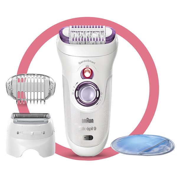 Epilator BRAUN Silk-epil 9 9/710, 40 pensete, 2 viteze, 4 accesorii, Wet&Dry, SensoSmart, Micro-Grip, acumulator, alb-mov