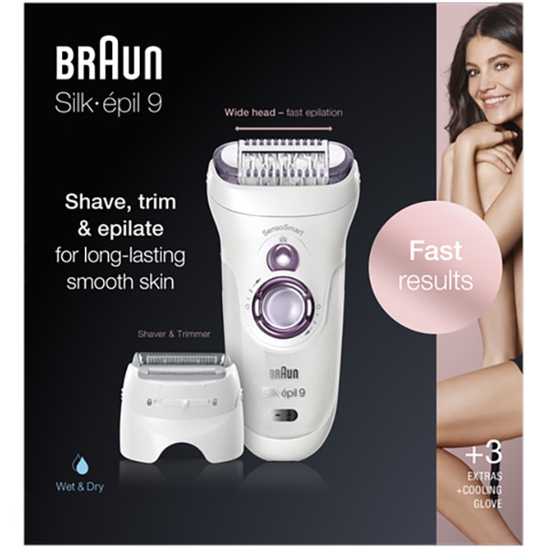 Epilator BRAUN Silk-epil 9 9/710, 40 pensete, 2 viteze, 4 accesorii, Wet&Dry, SensoSmart, Micro-Grip, acumulator, alb-mov