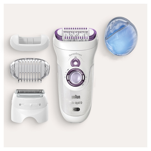 Epilator BRAUN Silk-epil 9 9/710, 40 pensete, 2 viteze, 4 accesorii, Wet&Dry, SensoSmart, Micro-Grip, acumulator, alb-mov