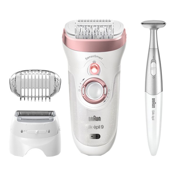 Epilator BRAUN Silk-epil 9 9/890, 40 pensete, 2 viteze, 4 accesorii, Wet&Dry, SensoSmart, Micro-Grip, acumulator, alb-roz + Trimmer