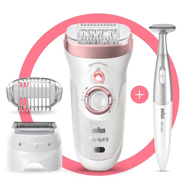 Epilator BRAUN Silk-epil 9 9/890, 40 pensete, 2 viteze, 4 accesorii, Wet&Dry, SensoSmart, Micro-Grip, acumulator, alb-roz + Trimmer