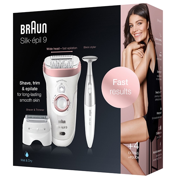 Epilator BRAUN Silk-epil 9 9/890, 40 pensete, 2 viteze, 4 accesorii, Wet&Dry, SensoSmart, Micro-Grip, acumulator, alb-roz + Trimmer