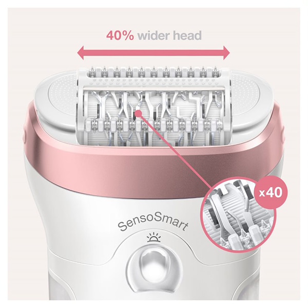 Epilator BRAUN Silk-epil 9 9/890, 40 pensete, 2 viteze, 4 accesorii, Wet&Dry, SensoSmart, Micro-Grip, acumulator, alb-roz + Trimmer