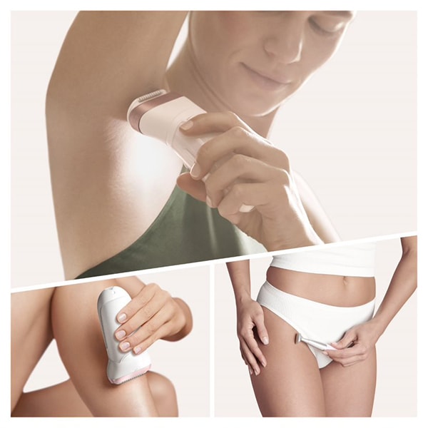 Epilator BRAUN Silk-epil 9 9/890, 40 pensete, 2 viteze, 4 accesorii, Wet&Dry, SensoSmart, Micro-Grip, acumulator, alb-roz + Trimmer