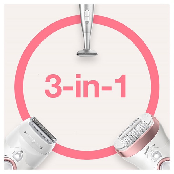 Epilator BRAUN Silk-epil 9 9/890, 40 pensete, 2 viteze, 4 accesorii, Wet&Dry, SensoSmart, Micro-Grip, acumulator, alb-roz + Trimmer