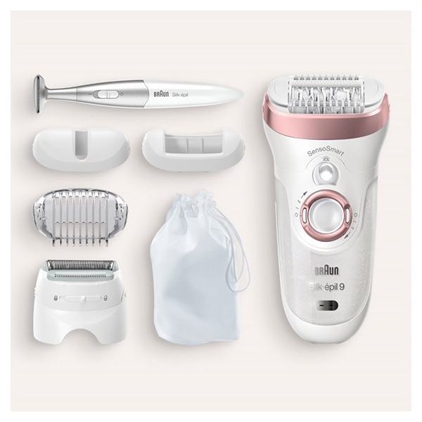 Epilator BRAUN Silk-epil 9 9/890, 40 pensete, 2 viteze, 4 accesorii, Wet&Dry, SensoSmart, Micro-Grip, acumulator, alb-roz + Trimmer