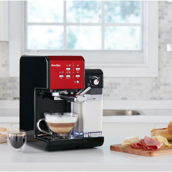Espressor manual BREVILLE Prima Latte II VCF109X-01, 1.5l, 1050W, 19 bar, sistem Cappuccino, rosu-negru