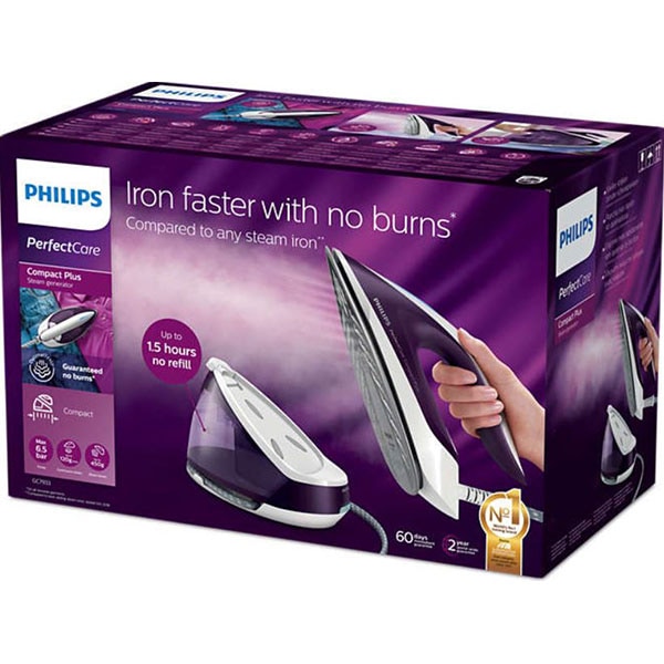 Statie de calcat PHILIPS GC7933/30 PerfectCare Complact Plus, 2400W, 120g/min, 1.5l, talpa SteamGlide Plus, alb-mov