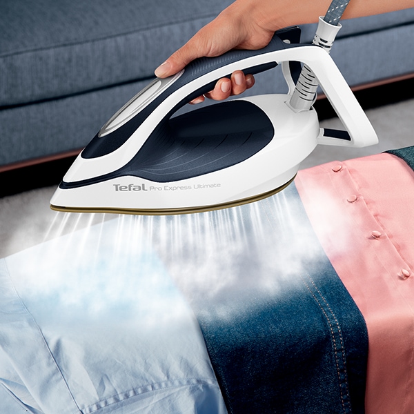 Statie de calcat TEFAL Pro Express Ultimate GV9712E0, 3000W, 590g/min, 1200ml, talpa Durilium, albastru-alb
