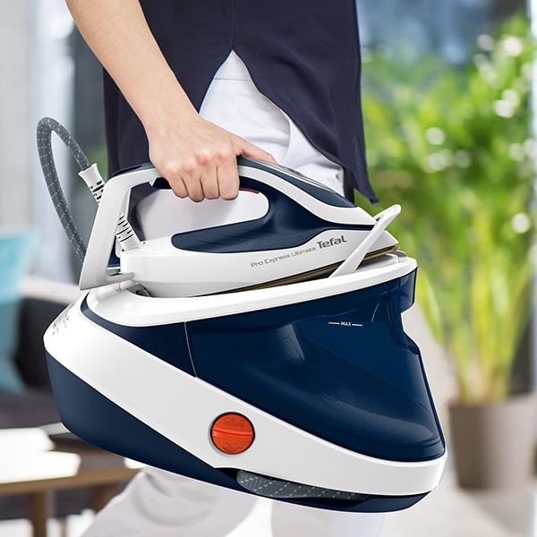 Statie de calcat TEFAL Pro Express Ultimate GV9712E0, 3000W, 590g/min, 1200ml, talpa Durilium, albastru-alb