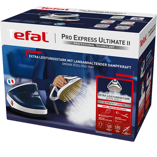 Statie de calcat TEFAL Pro Express Ultimate GV9712E0, 3000W, 590g/min, 1200ml, talpa Durilium, albastru-alb