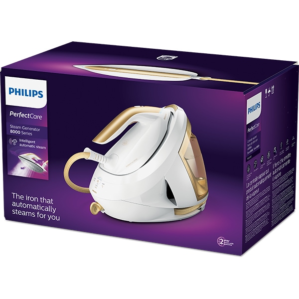 Statie de calcat PHILIPS PerfectCare Seria 8000 PSG8040/60, 2700W, 600g/min, 1.8l, talpa SteamGlide Elite, alb-auriu