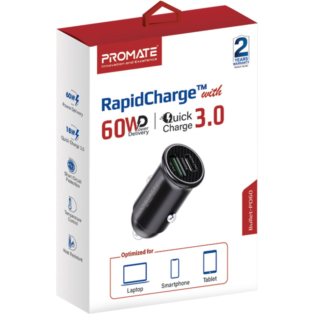 Incarcator auto PROMATE Bullet-PD60, 1xUSB-C, 1xUSB-A, Power Delivery (PD) 60W, negru