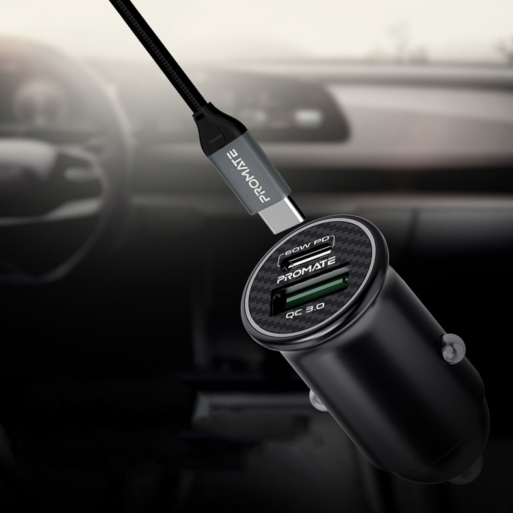 Incarcator auto PROMATE Bullet-PD60, 1xUSB-C, 1xUSB-A, Power Delivery (PD) 60W, negru